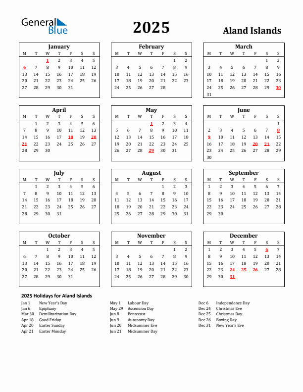 2025 Holiday Calendar for Aland Islands Monday Start