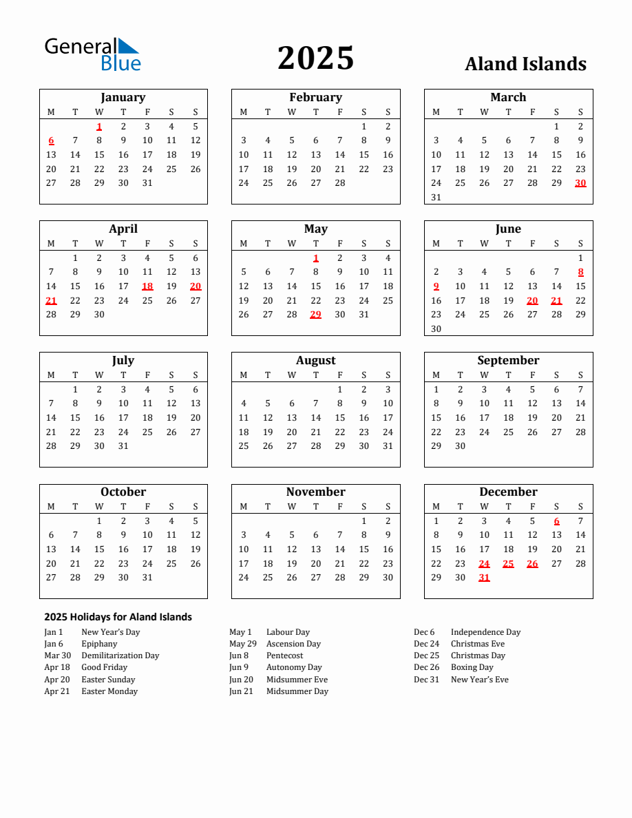 Free Printable 2025 Aland Islands Holiday Calendar