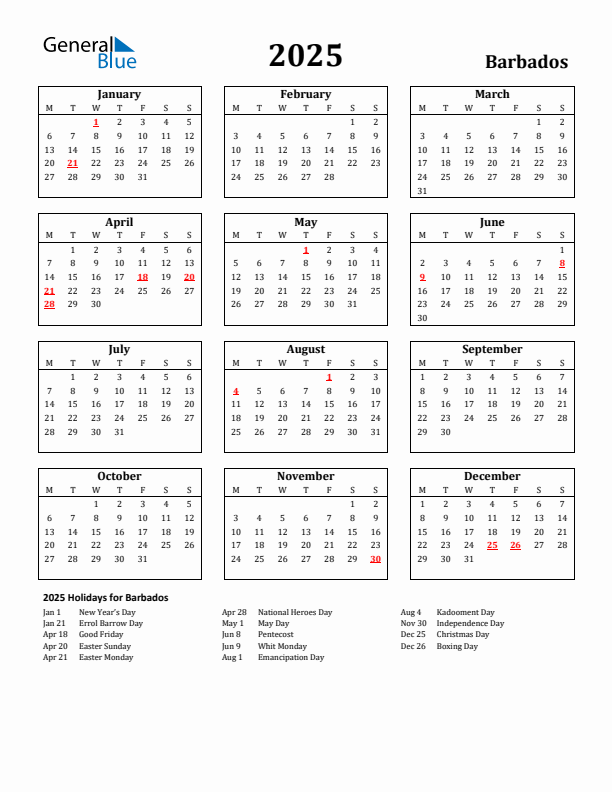 2025 Barbados Holiday Calendar - Monday Start