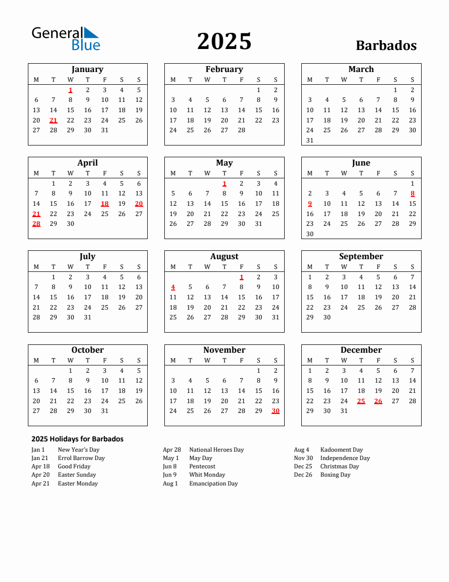 Free Printable 2025 Barbados Holiday Calendar