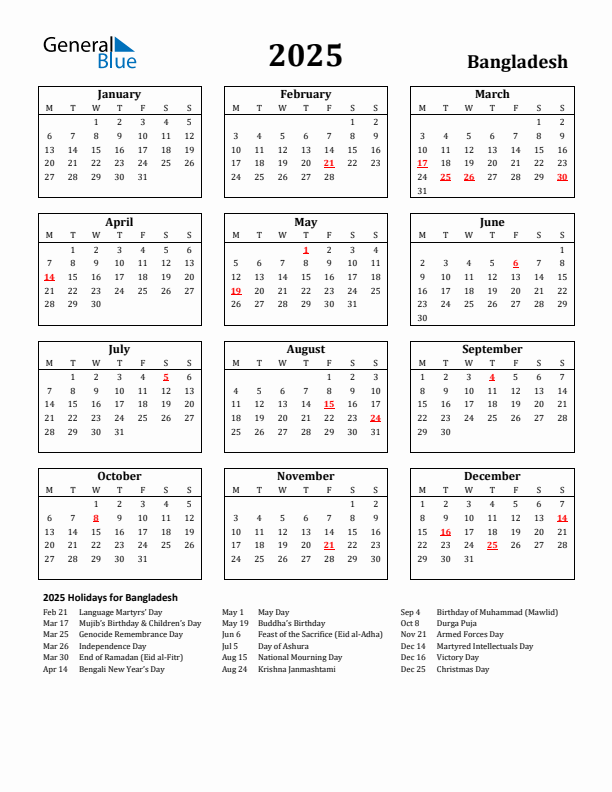 2025 Bangladesh Holiday Calendar - Monday Start