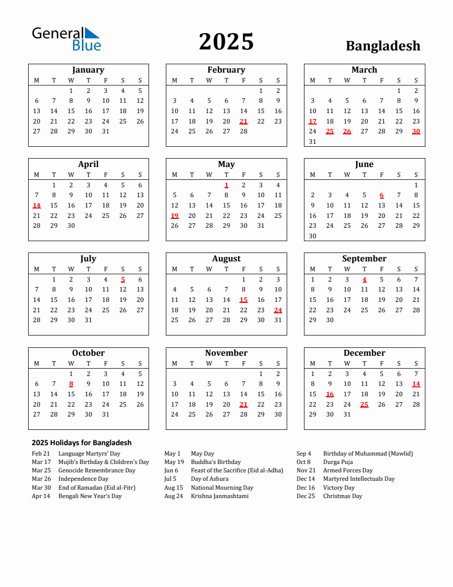 Free Printable 2025 Bangladesh Holiday Calendar