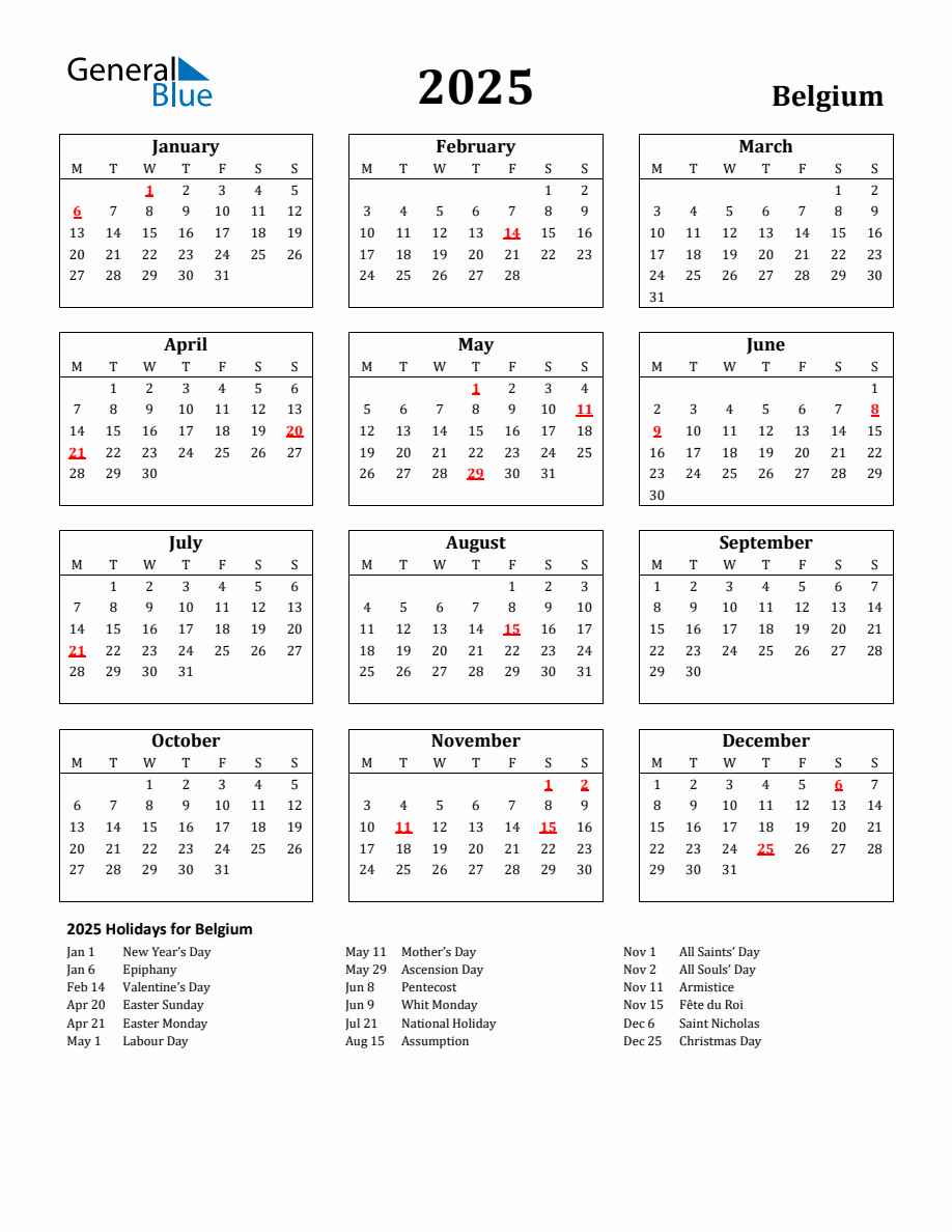 Free Printable 2025 Belgium Holiday Calendar