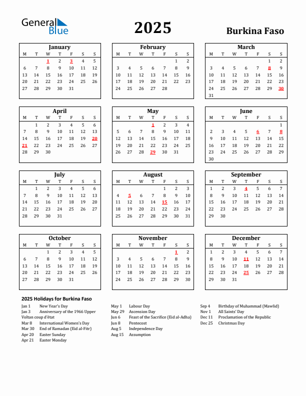 2025 Burkina Faso Holiday Calendar - Monday Start
