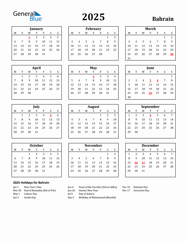 2025 Bahrain Holiday Calendar - Monday Start