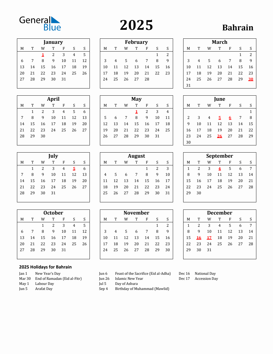 Free Printable 2025 Bahrain Holiday Calendar