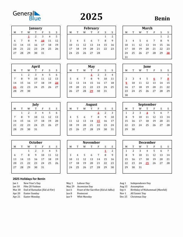 2025 Benin Holiday Calendar - Monday Start