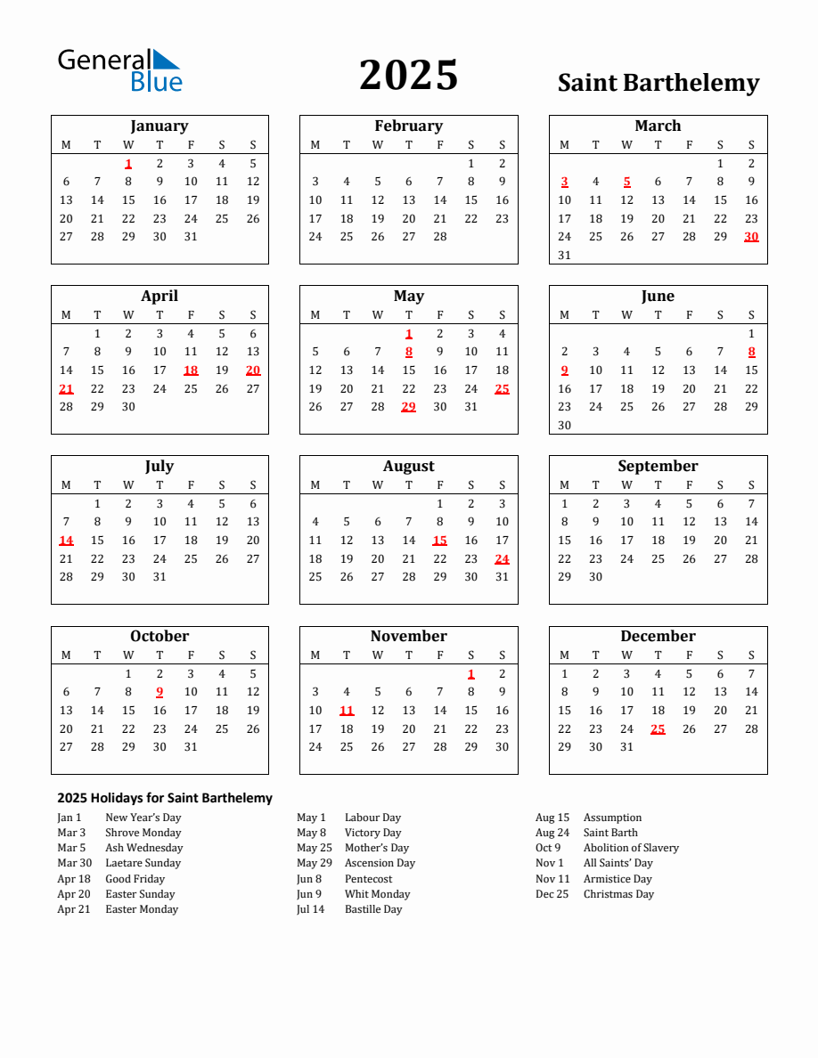 Free Printable 2025 Saint Barthelemy Holiday Calendar