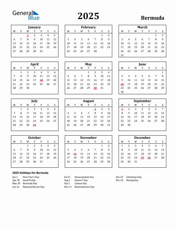 2025 Bermuda Holiday Calendar - Monday Start