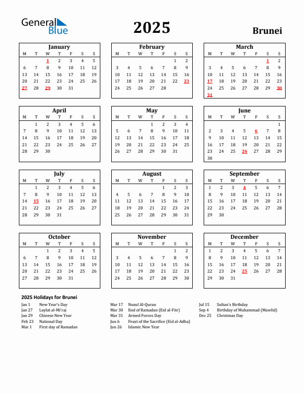 2025 Brunei Holiday Calendar - Monday Start