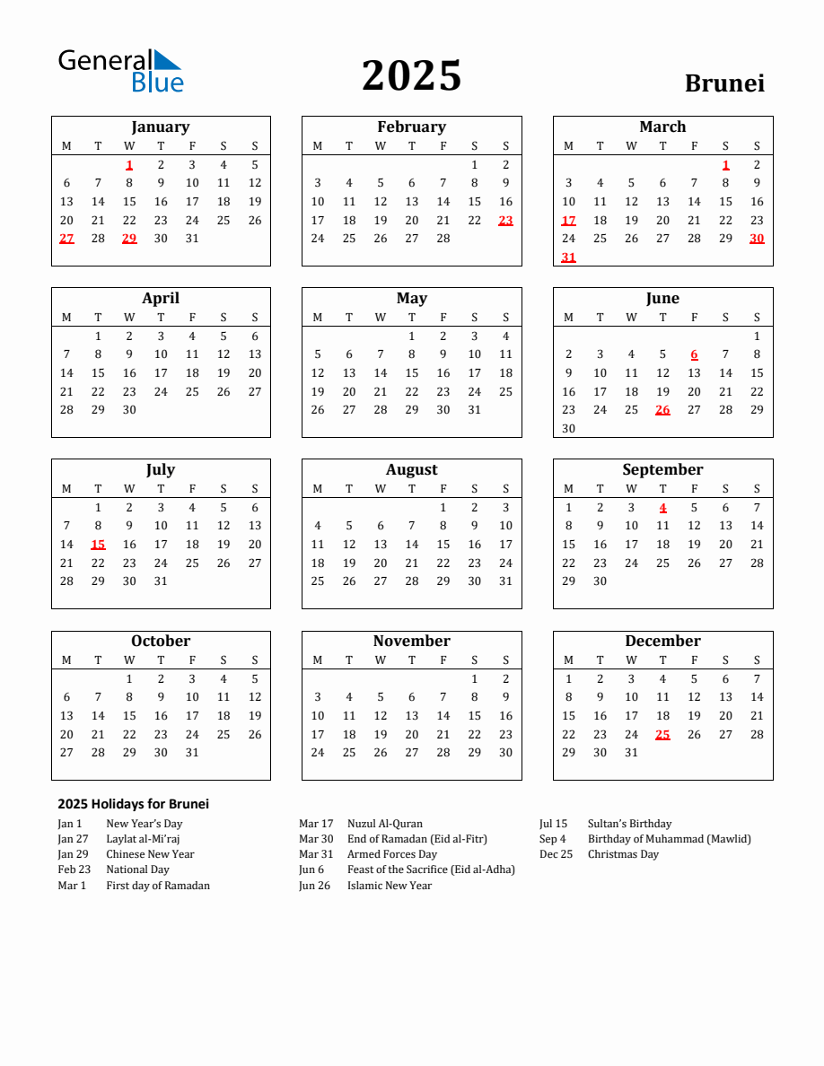 Free Printable 2025 Brunei Holiday Calendar