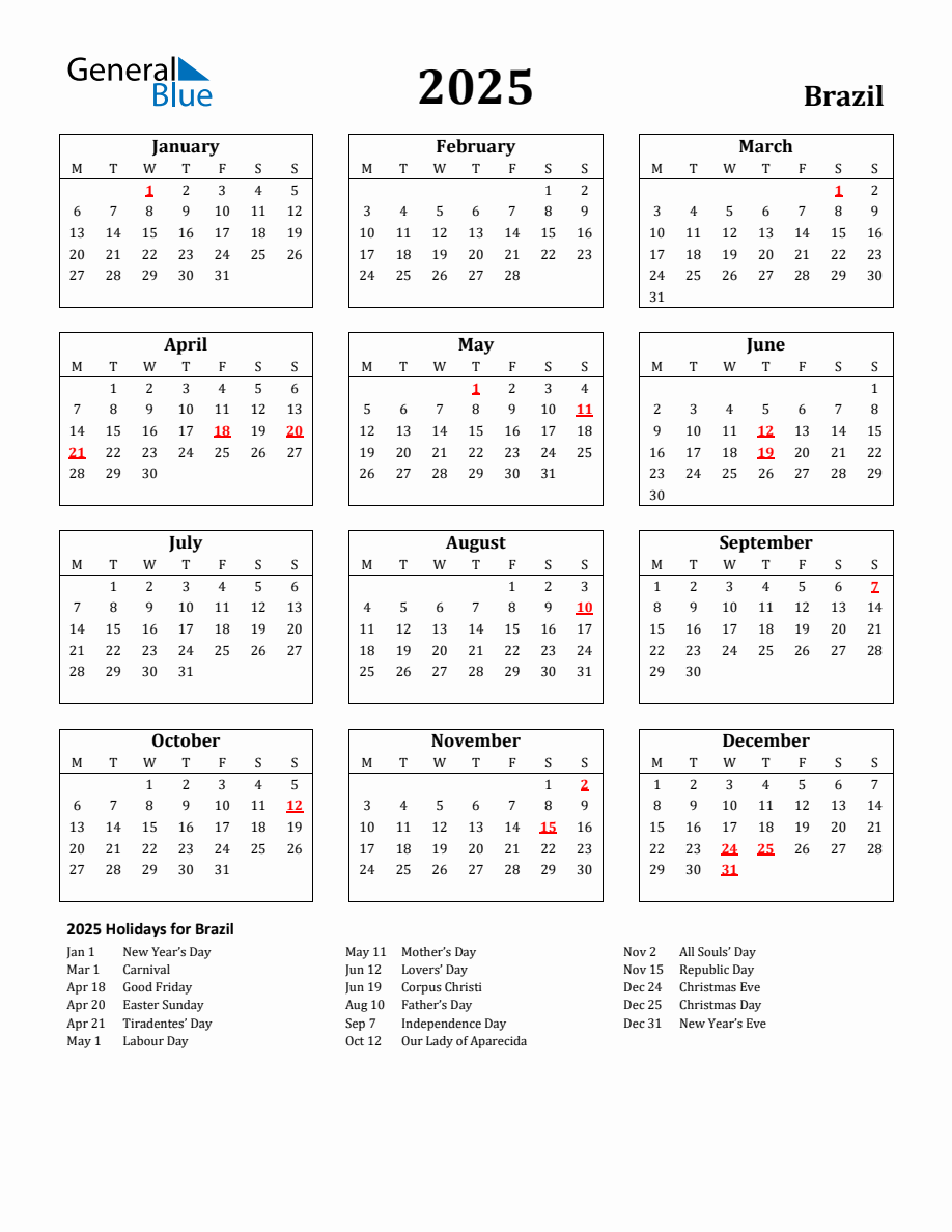 Free Printable 2025 Brazil Holiday Calendar