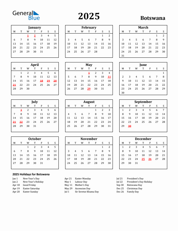 2025 Botswana Holiday Calendar - Monday Start