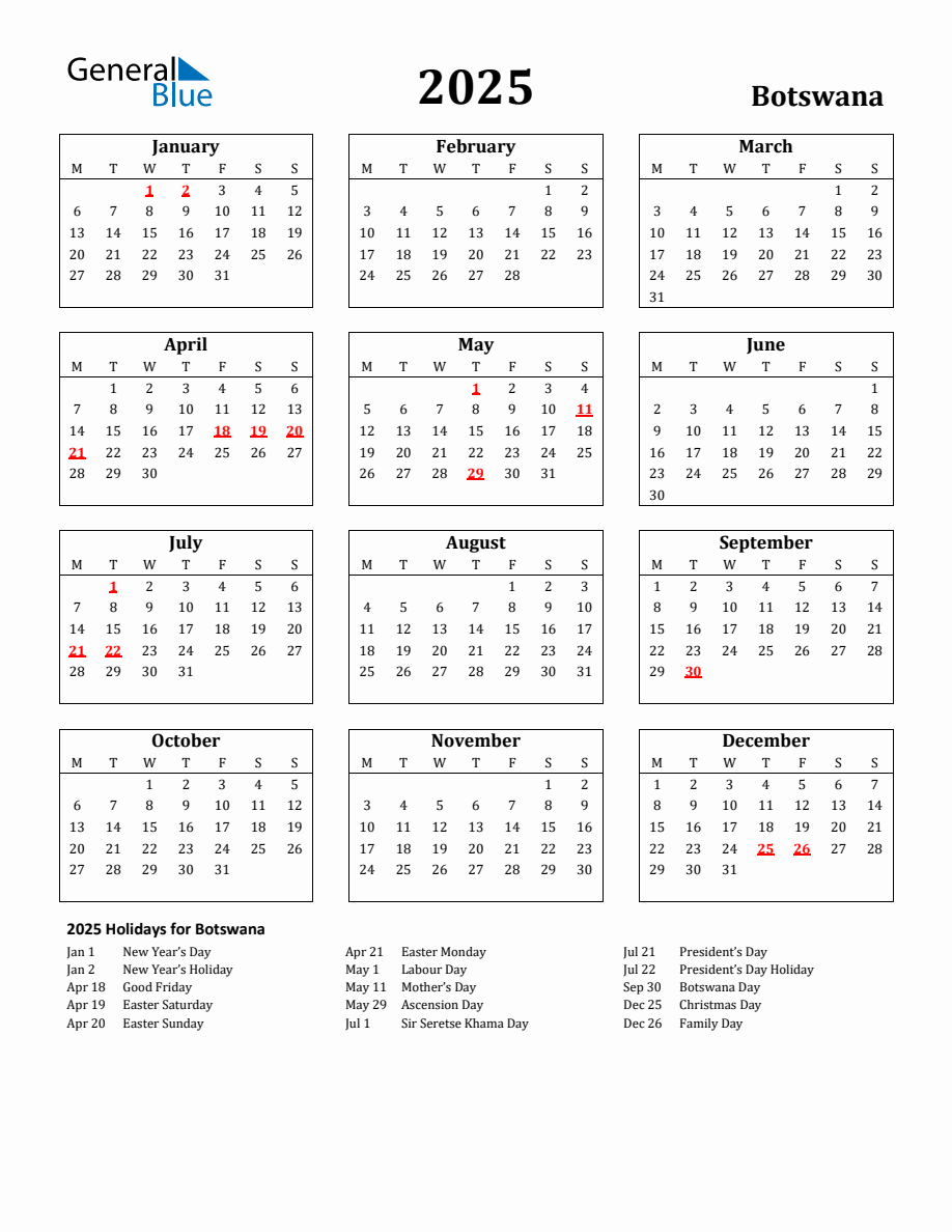 2025 Calendar With Holidays Botswana 