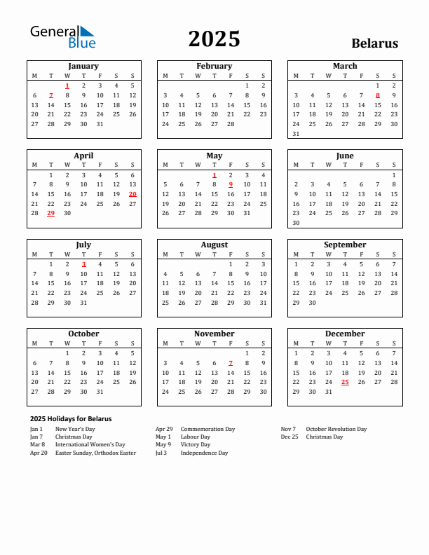 2025 Belarus Holiday Calendar - Monday Start
