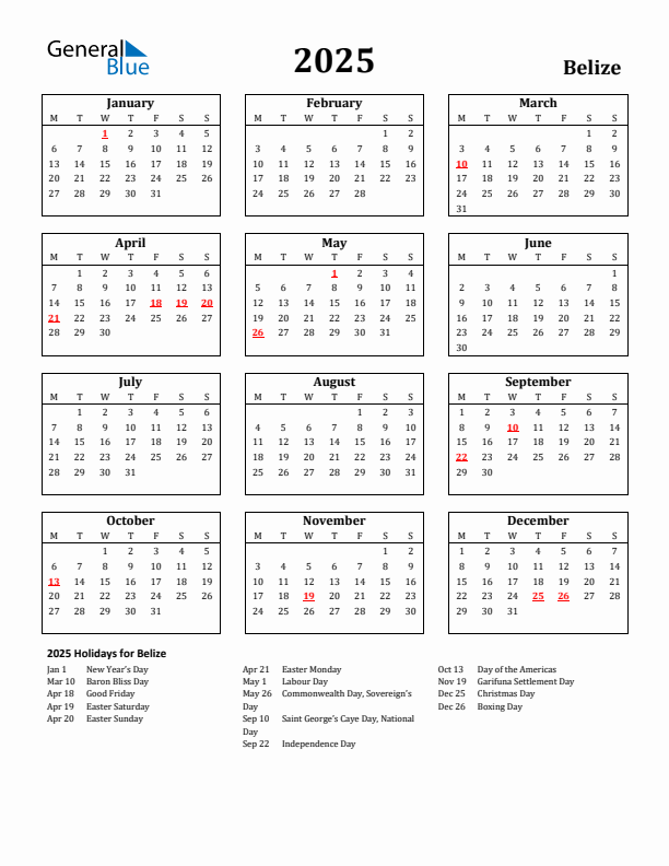 2025 Belize Holiday Calendar - Monday Start
