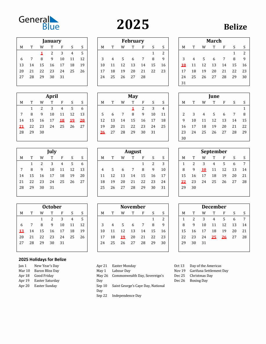 Free Printable 2025 Belize Holiday Calendar