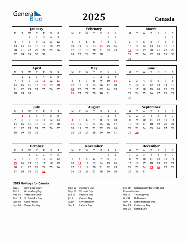 2025 Holiday Calendar Canada 