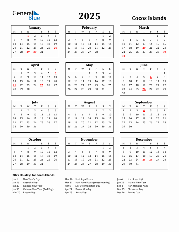 2025 Holiday Calendar for Cocos Islands Monday Start