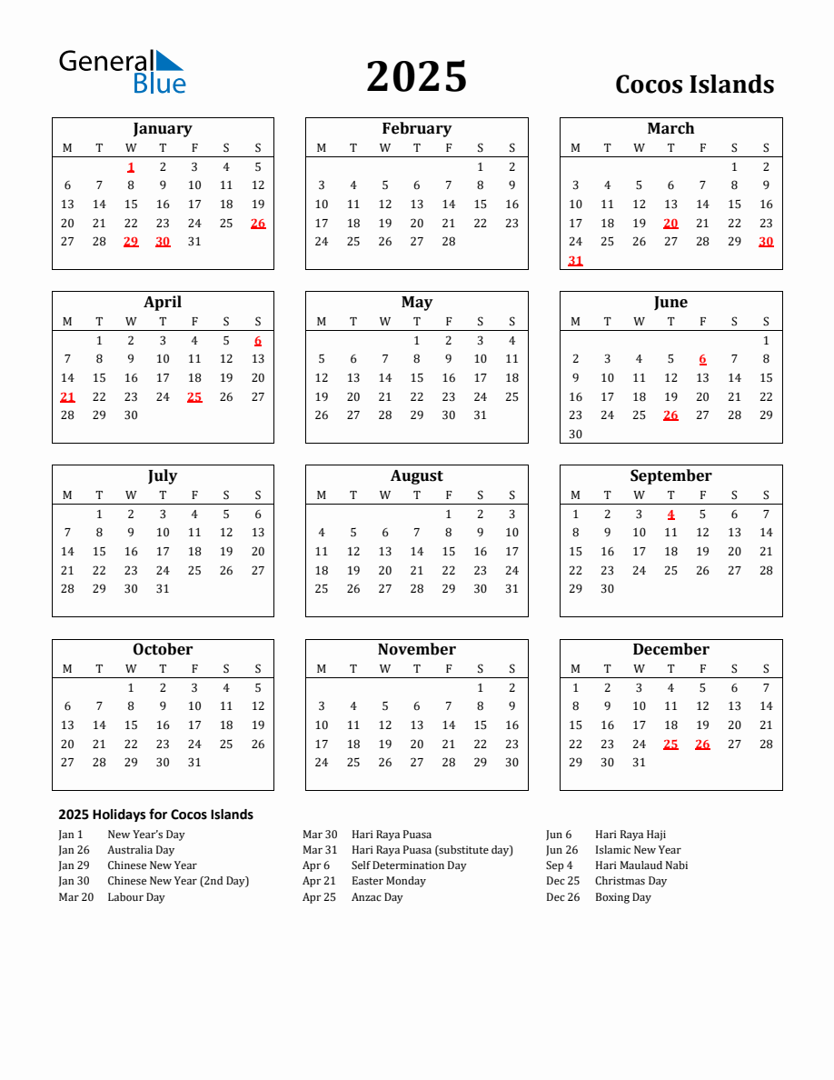 Free Printable 2025 Cocos Islands Holiday Calendar