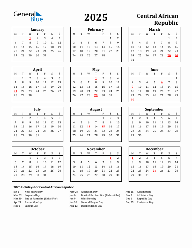 2025 Central African Republic Holiday Calendar - Monday Start