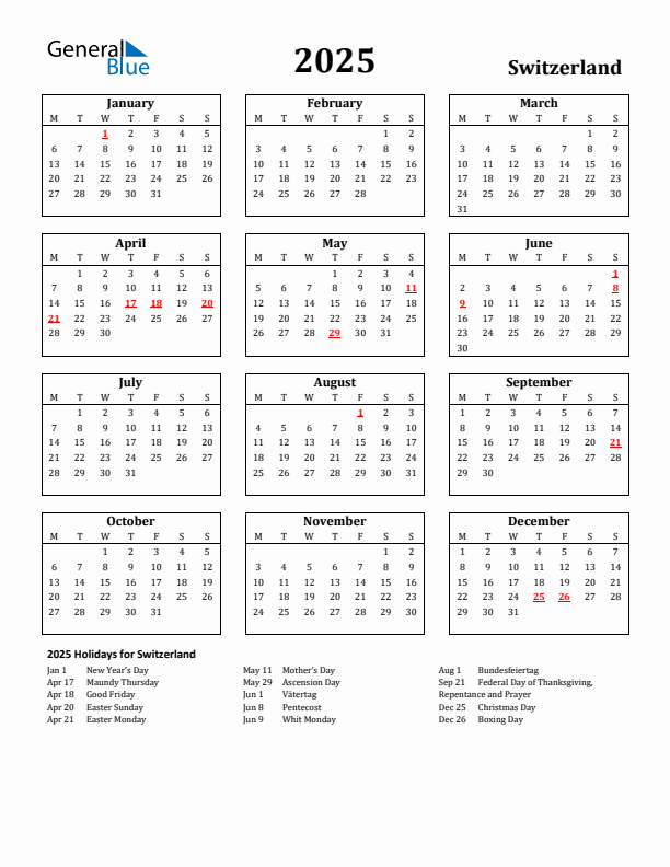 2025 Switzerland Holiday Calendar - Monday Start