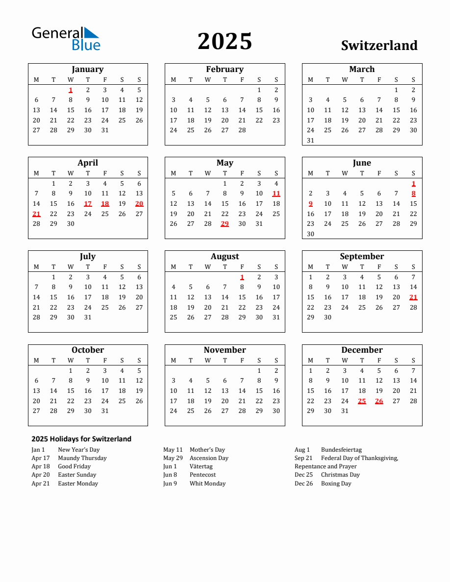 Free Printable 2025 Switzerland Holiday Calendar