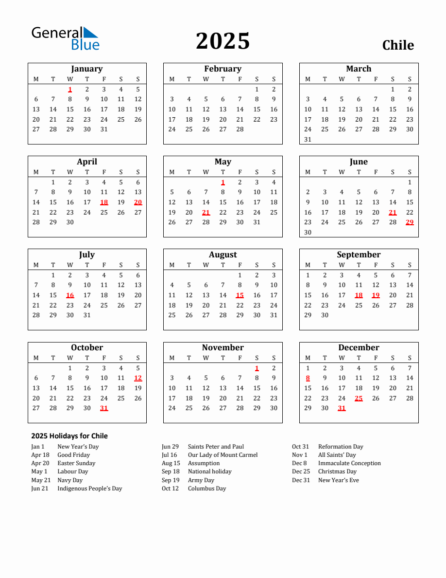 Free Printable 2025 Chile Holiday Calendar