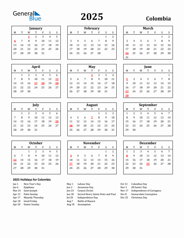 2025 Colombia Holiday Calendar - Monday Start
