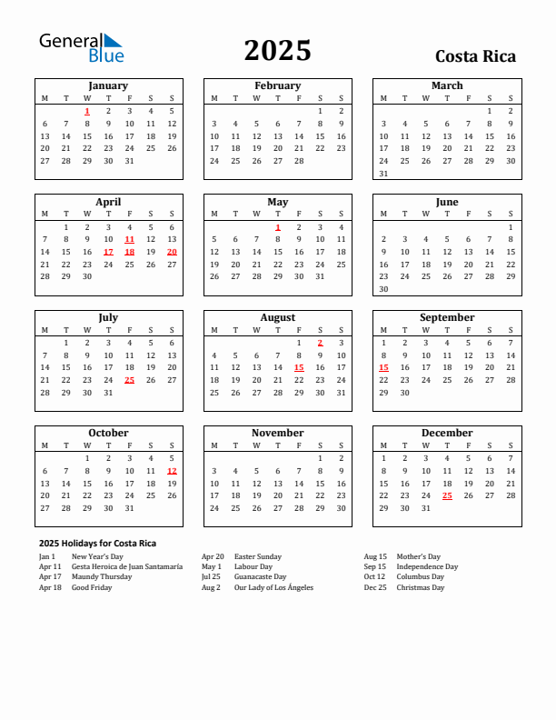 2025 Costa Rica Holiday Calendar - Monday Start
