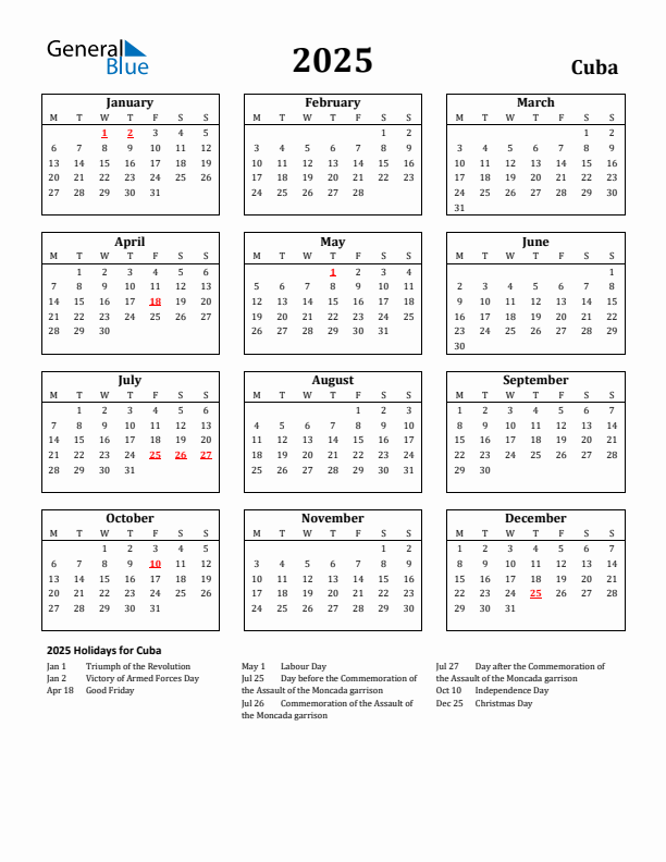 2025 Cuba Holiday Calendar - Monday Start