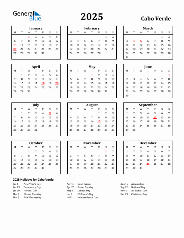 2025 Holiday Calendar for Cabo Verde Monday Start