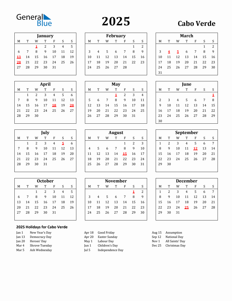 Free Printable 2025 Cabo Verde Holiday Calendar