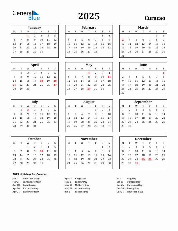 2025 Curacao Holiday Calendar - Monday Start