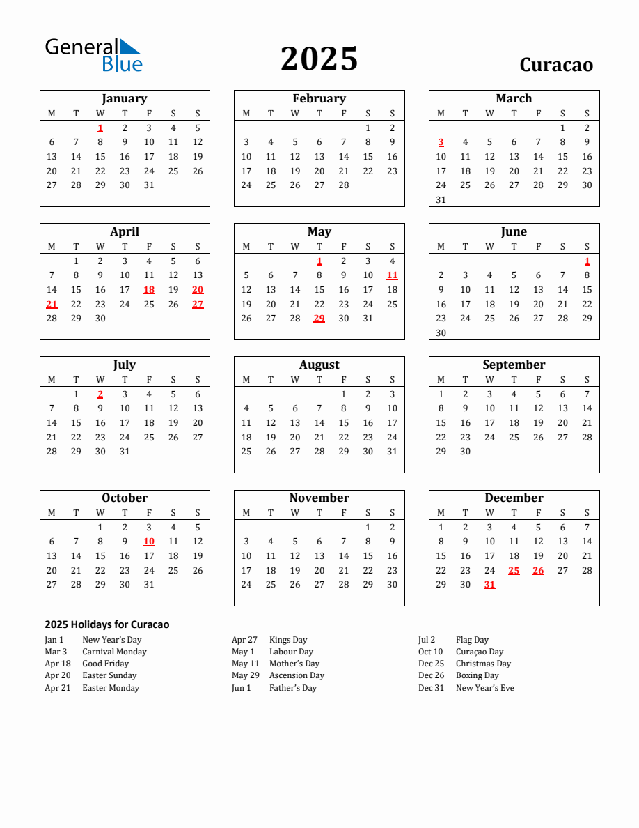 Free Printable 2025 Curacao Holiday Calendar