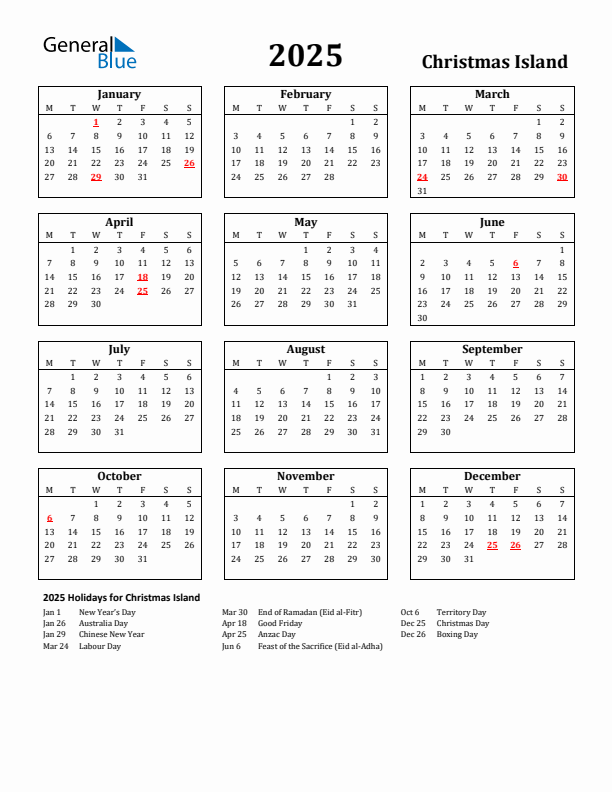 2025 Christmas Island Holiday Calendar - Monday Start