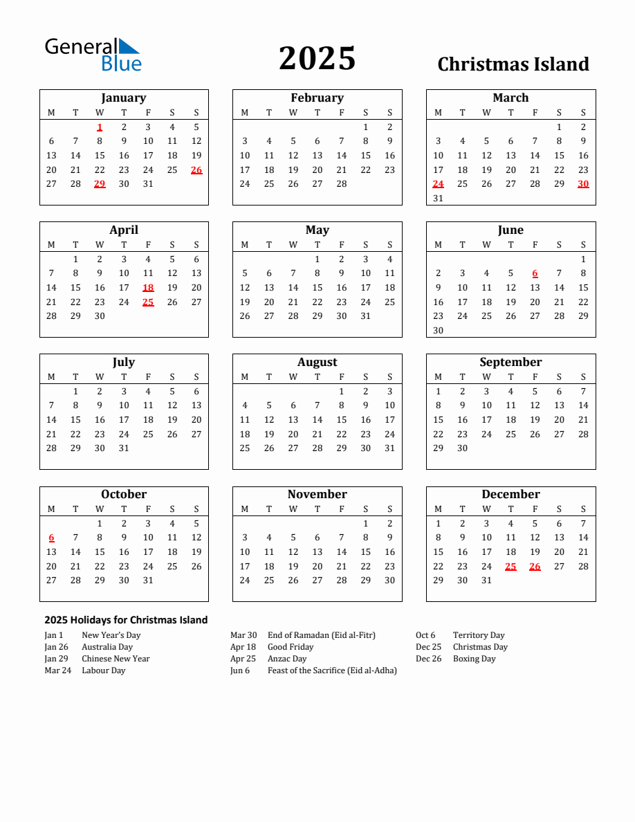 Free Printable 2025 Christmas Island Holiday Calendar