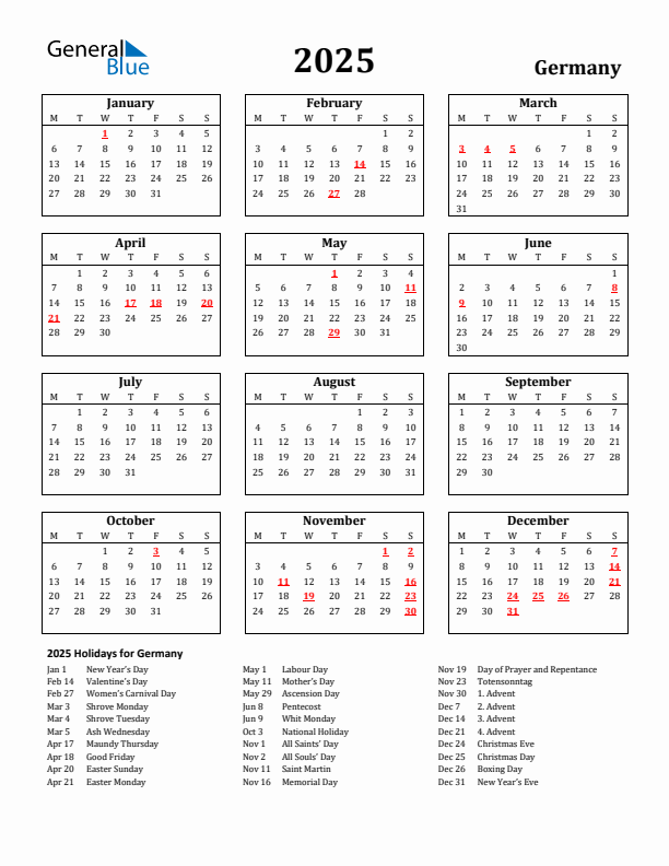 2025 Germany Holiday Calendar - Monday Start