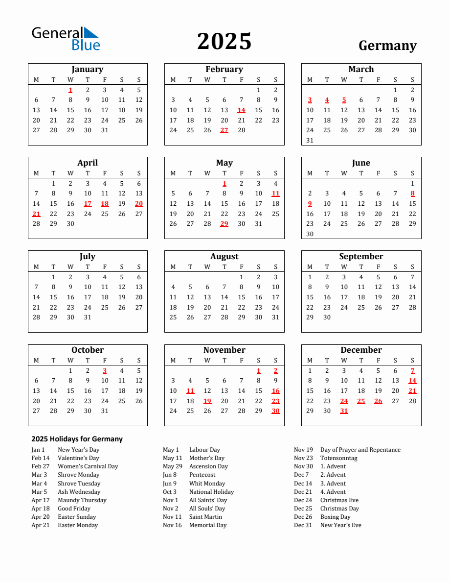 Free Printable 2025 Germany Holiday Calendar