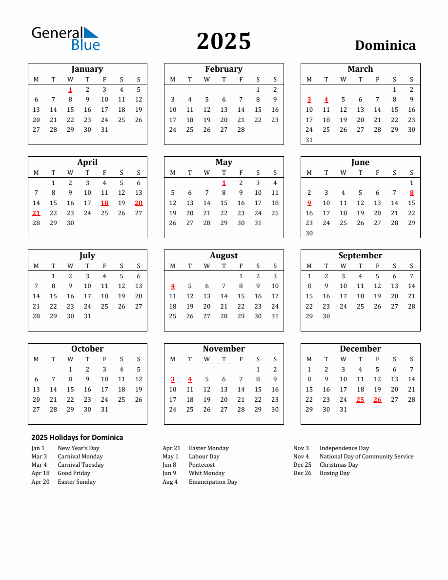 Free Printable 2025 Dominica Holiday Calendar