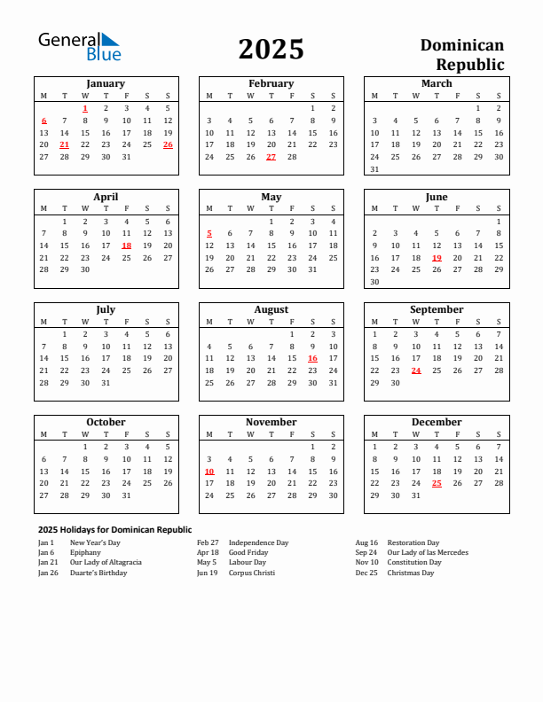2025 Dominican Republic Holiday Calendar - Monday Start