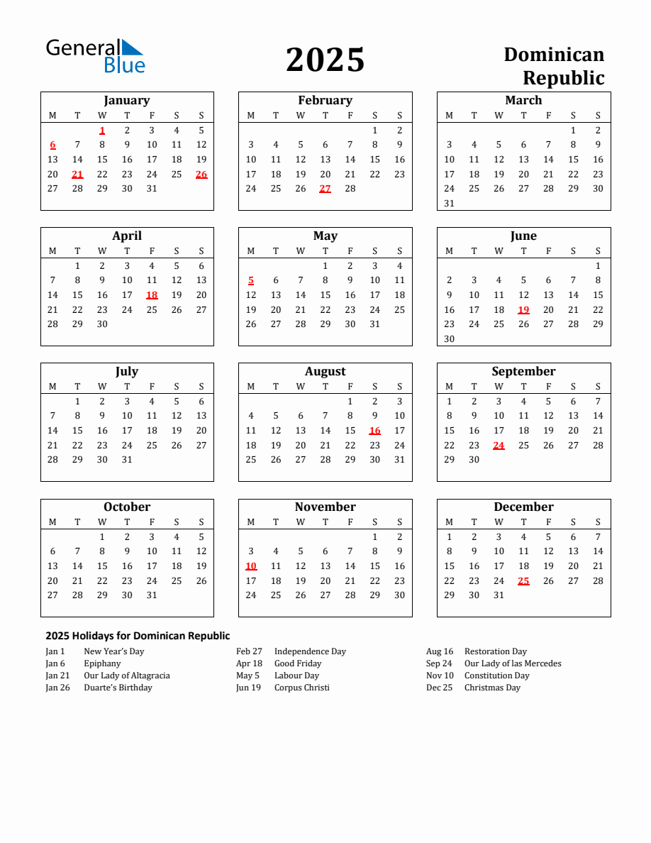 Free Printable 2025 Dominican Republic Holiday Calendar