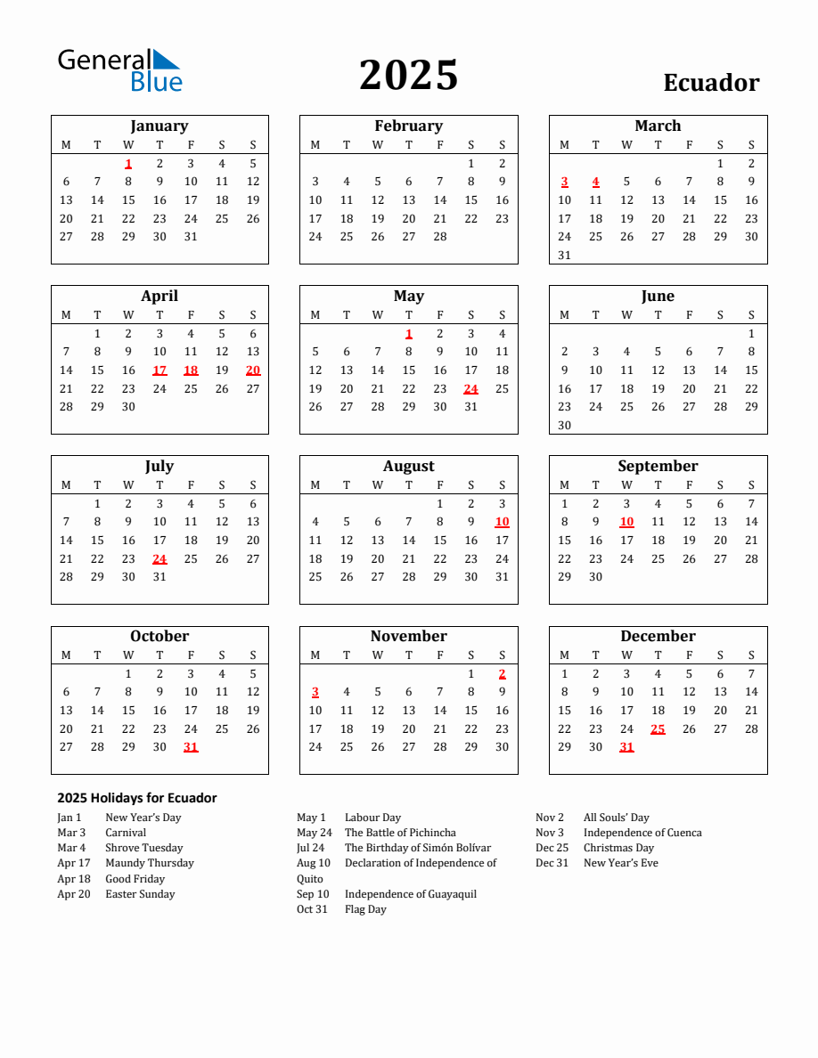 Free Printable 2025 Ecuador Holiday Calendar