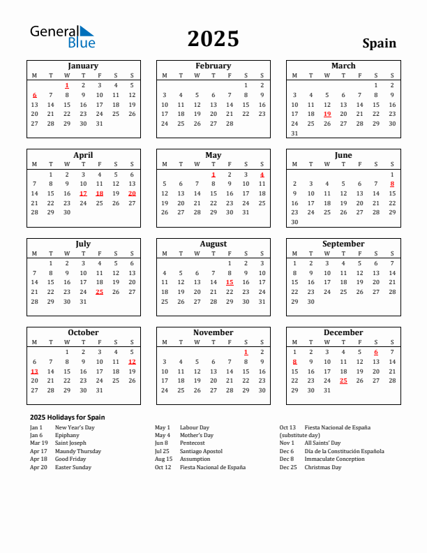 2025 Spain Holiday Calendar - Monday Start