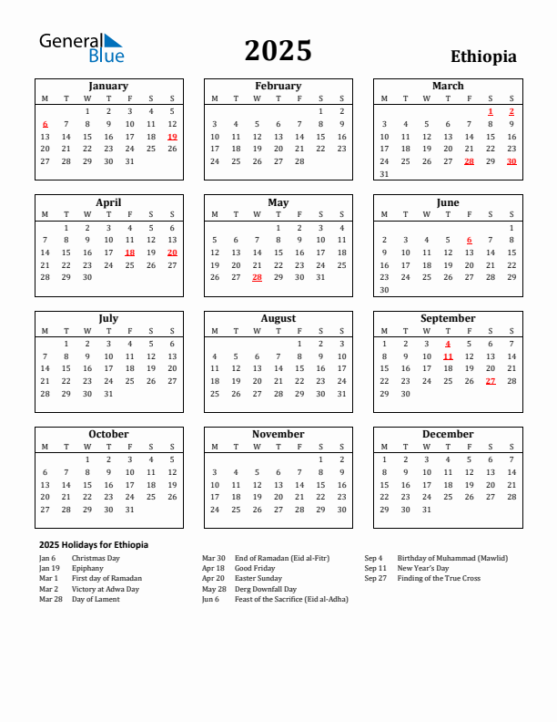 2025 Ethiopia Holiday Calendar - Monday Start