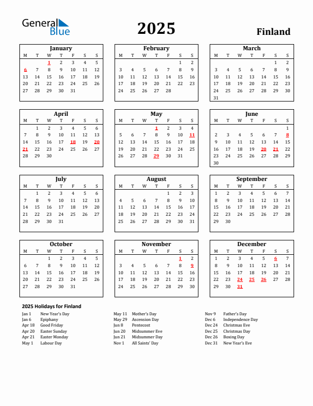 2025 Finland Holiday Calendar - Monday Start