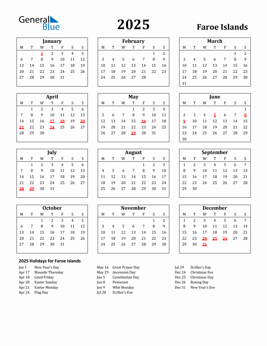 Free Printable 2025 Faroe Islands Holiday Calendar