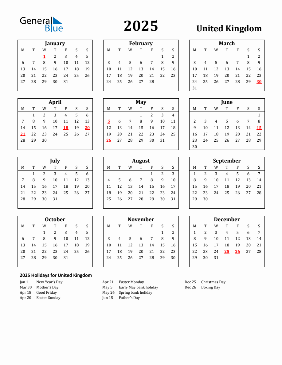 Calendar 2025 With Holidays Uk 