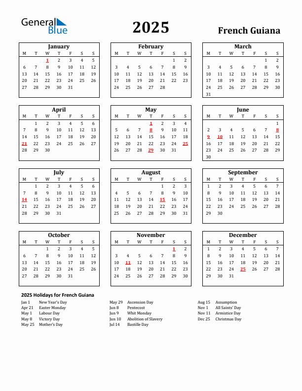 2025 French Guiana Holiday Calendar - Monday Start