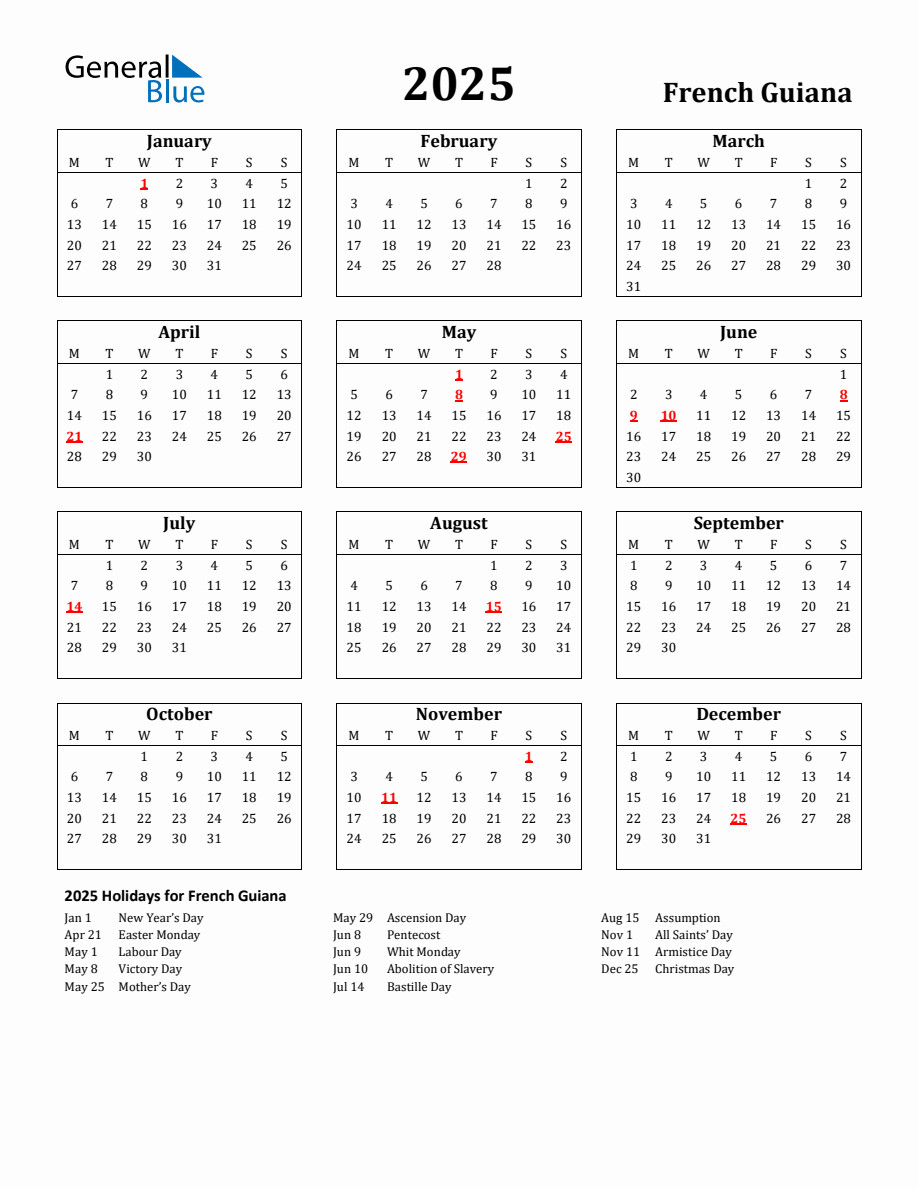Free Printable 2025 French Guiana Holiday Calendar